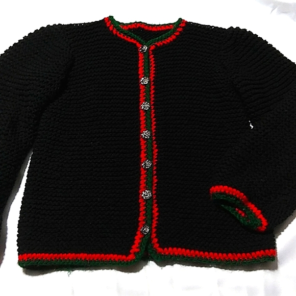 VINTAGE Crocheted Christmas Holiday Cardigan w Rose Buttons - O-O-A-K Hand-Made - Picture 10 of 16